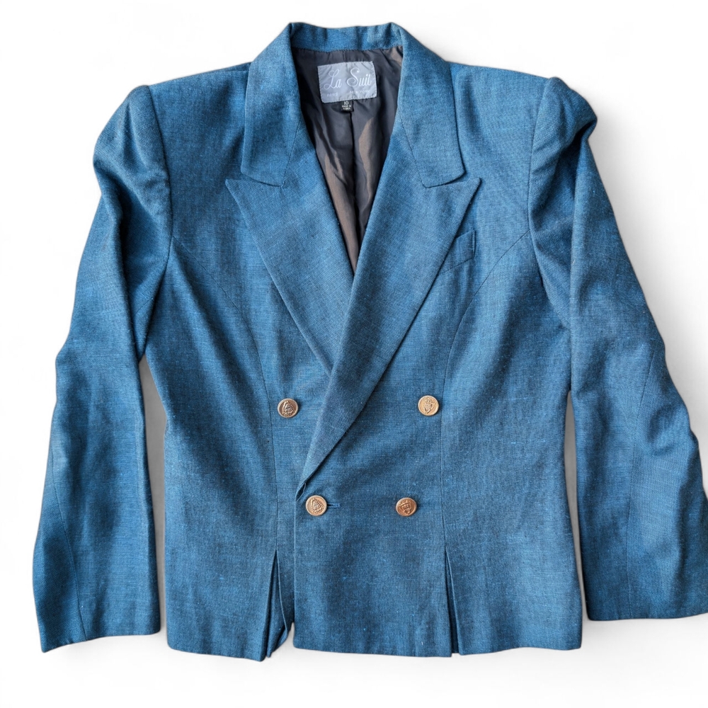 La Suit Blue Double-Breasted Blazer W/Shoulder Pads